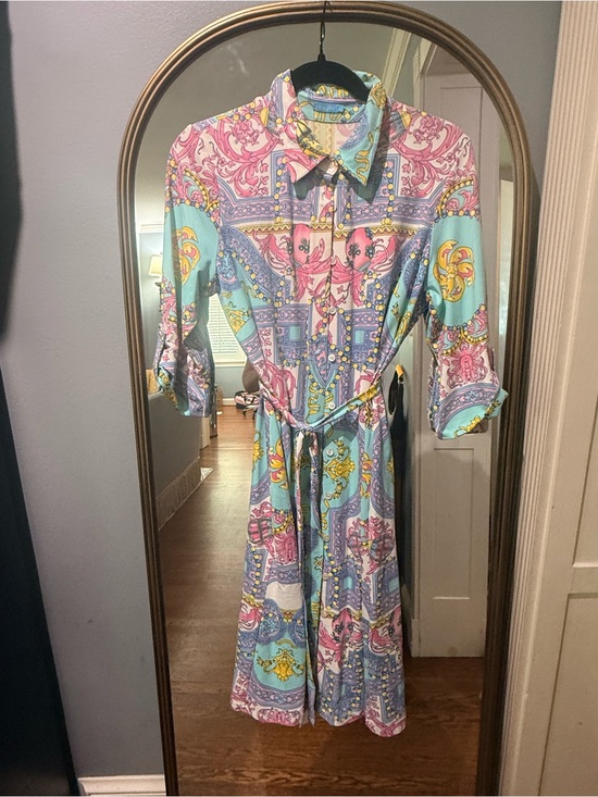 J. McLaughlin Dresses & Skirts - J. McLaughlin Paisley Block-Print Shirt Midi Dress in Pink, Blue and Yellow